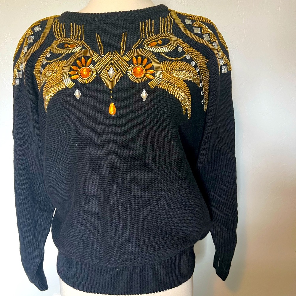 Vintage 80s Woman’s Affinity by Margo’s Ramie Gold Jeweled Black Sweater Medium